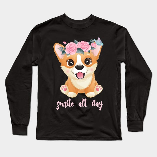 cute little corgi with flowers tshirt Long Sleeve T-Shirt by Tshirt lover 1